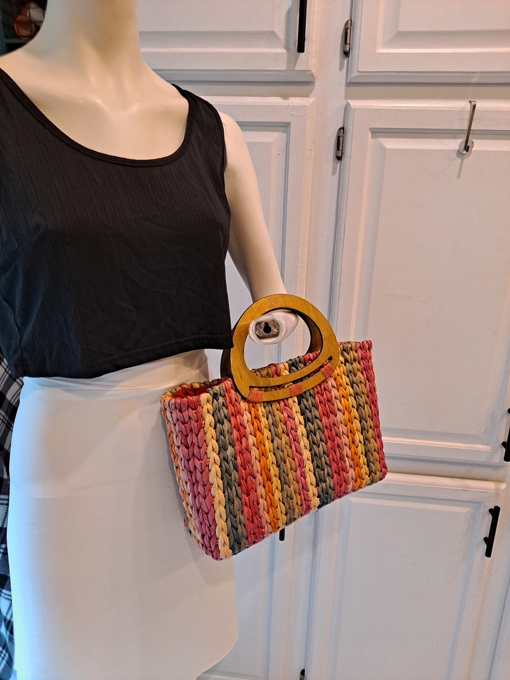 Cappelli Straworld Rainbow Braided Straw Tote w/Wooden Oval Handles Vintage Boho - Picture 10 of 10